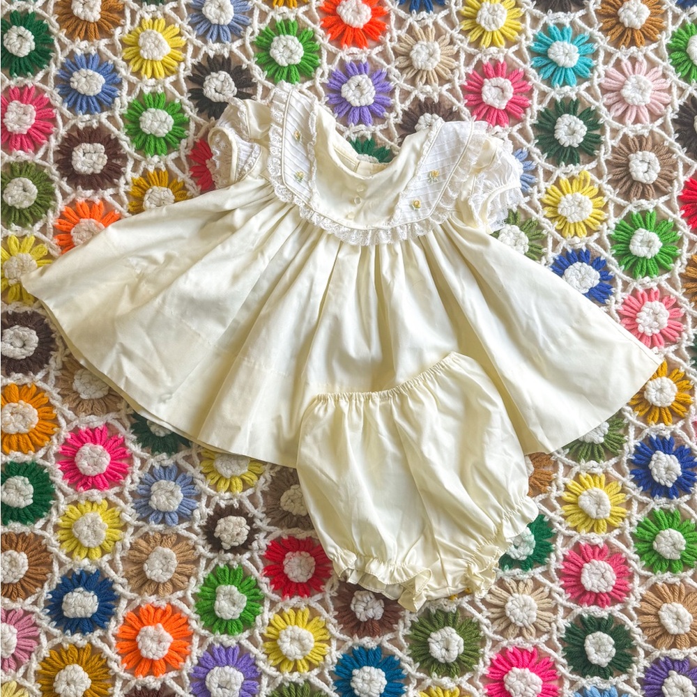 Vintage C.I. Castro & Co Pale Yellow Baby Dress and Bloomers